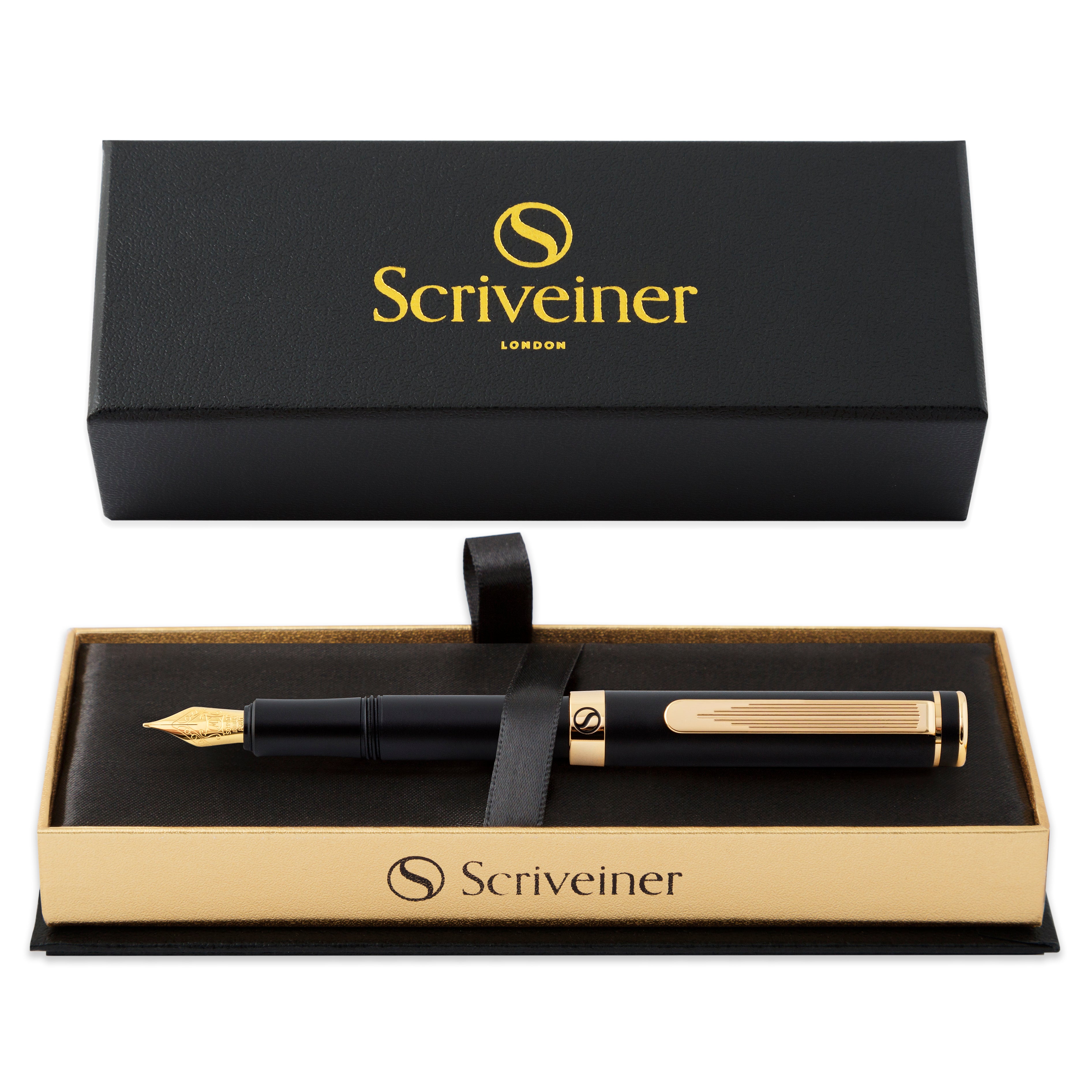 Scriveiner Luxus-EDC-Füllfederhalter (mittelgroß), atemberaubender schwarzer Taschenstift, 24-Karat-Gold-Finish