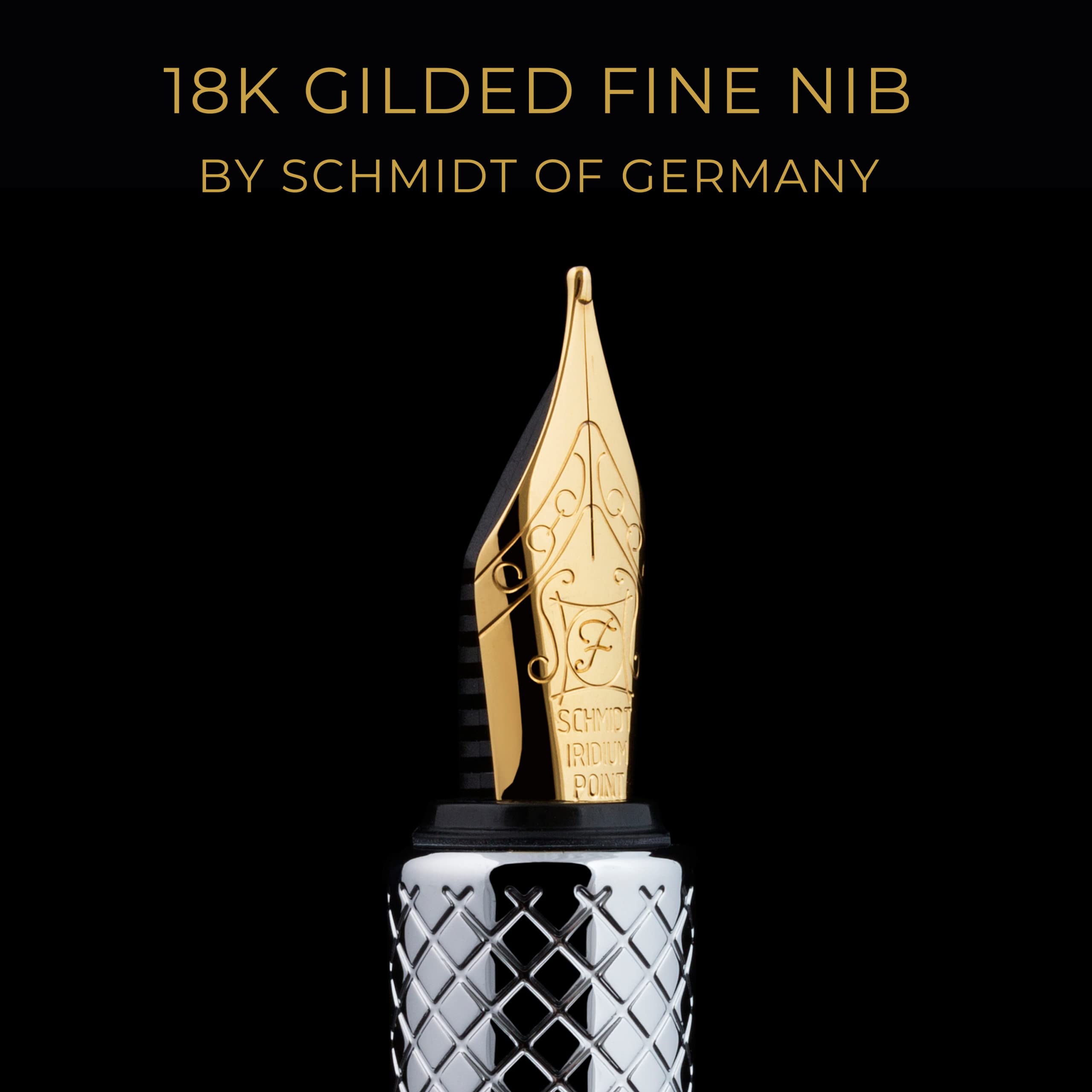 Scriveiner Füllfederhalter aus Silberchrom (fein), preisgekrönter Luxus-Stift, schwerer Taschenstift mit 24-Karat-Gold-Finish