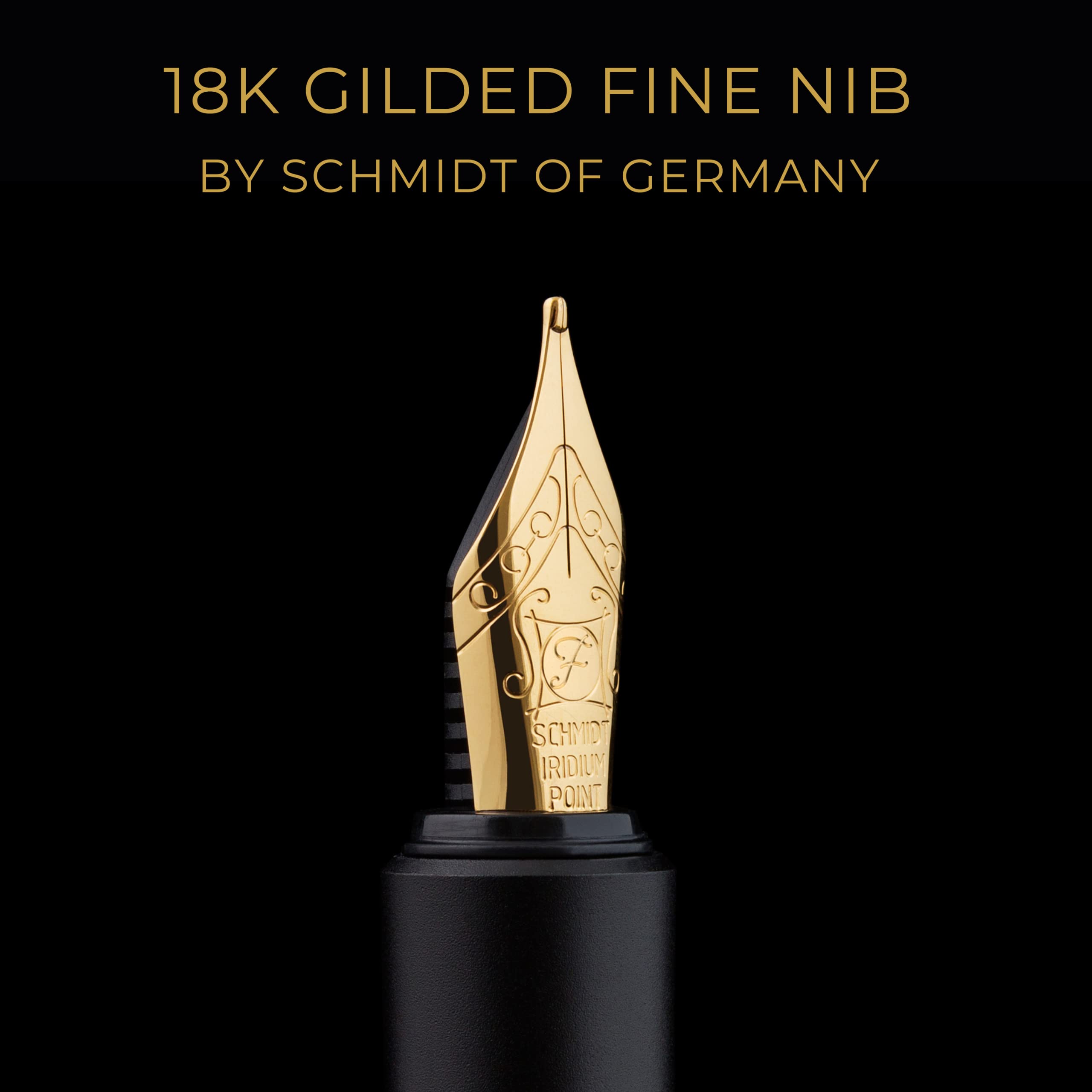 Scriveiner Luxus-EDC-Füllfederhalter (fein), atemberaubender schwarzer Taschenstift, 24-Karat-Gold-Finish