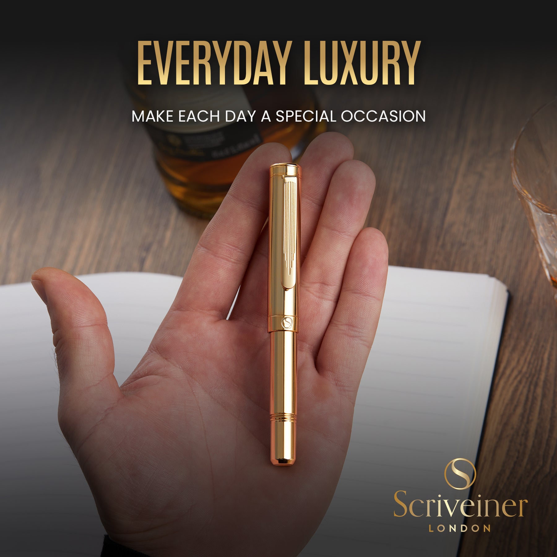 Scriveiner EDC Gold Rollerball Pen, preisgekrönter Luxus-Taschenstift mit 22 Karat vergoldetem Finish