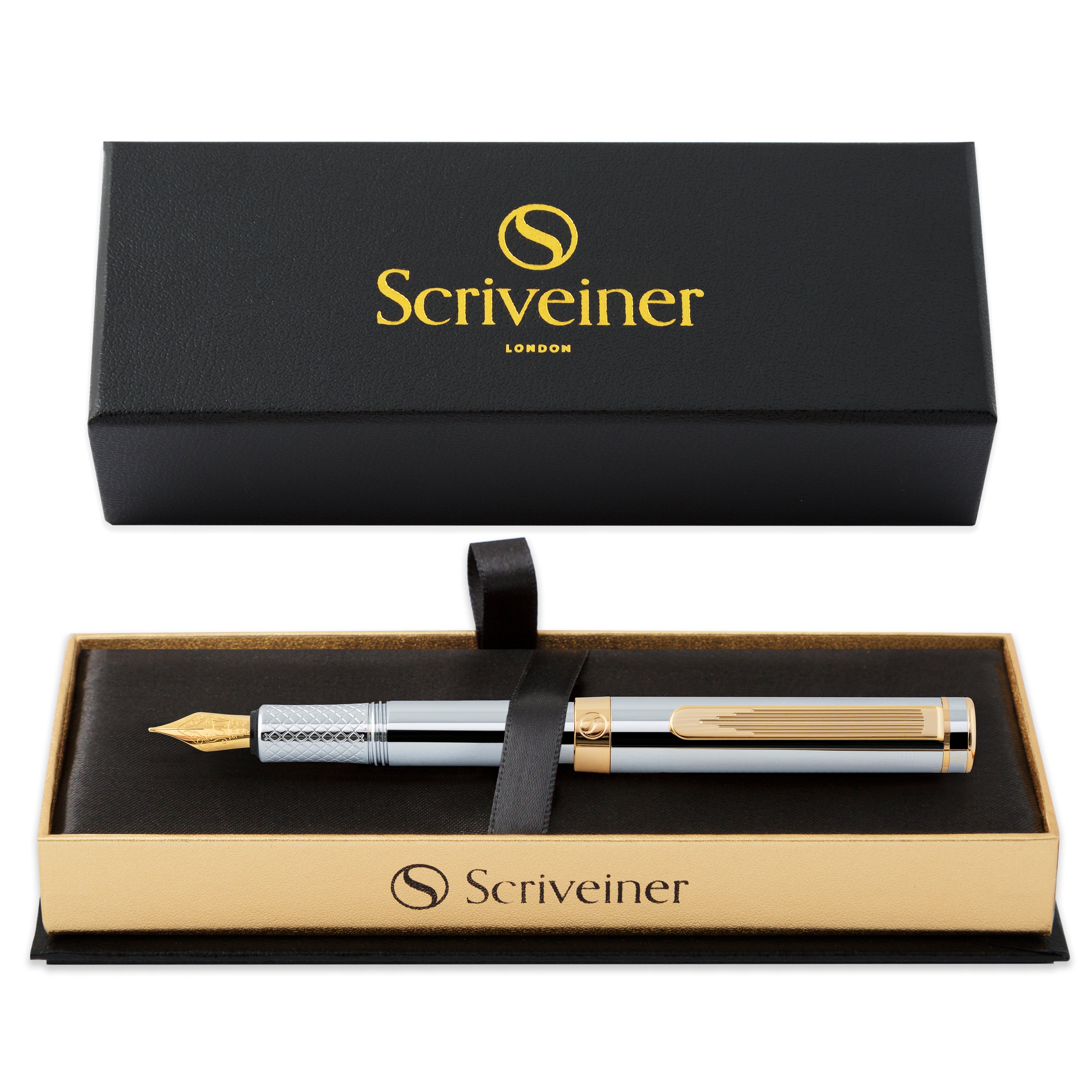 Scriveiner Füllfederhalter aus Silberchrom (fein), preisgekrönter Luxus-Stift, schwerer Taschenstift mit 24-Karat-Gold-Finish