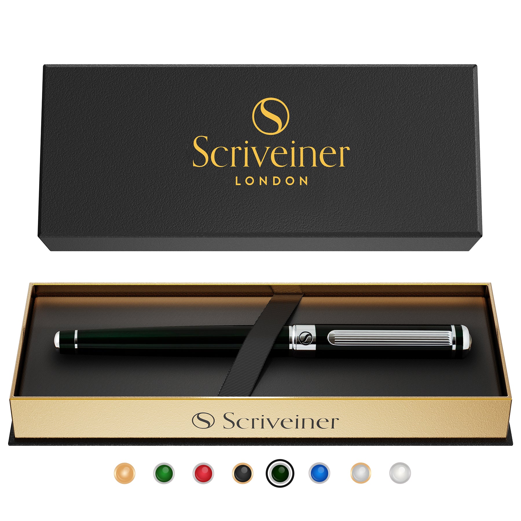 Scriveiner Tintenroller, Schwarz/Grün – Atemberaubender Luxus-Stift, Chrom-Finish